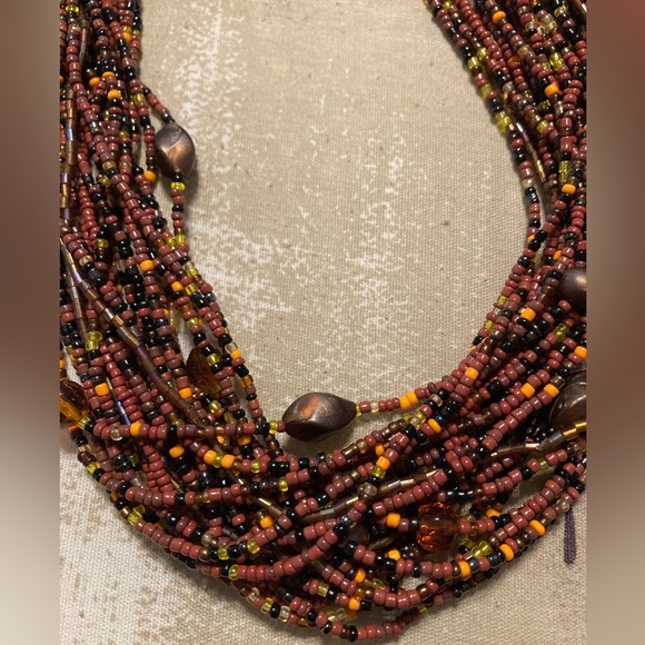 EsMor Orange Brown Multi Strand Glass Seeded Beaded 15” Necklace W/ 3” Extender - Picture 5 of 11